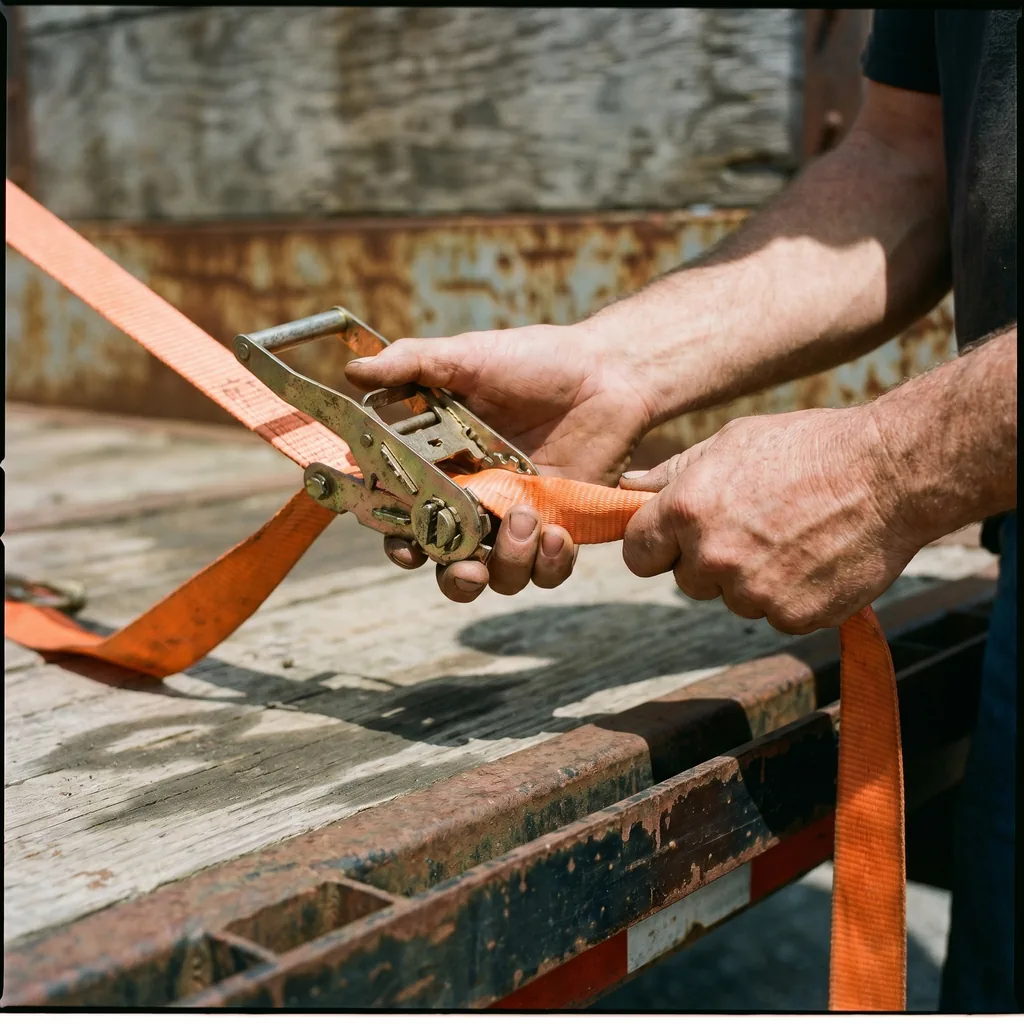 Operator hands cinching a ratchet strap on a trailer load