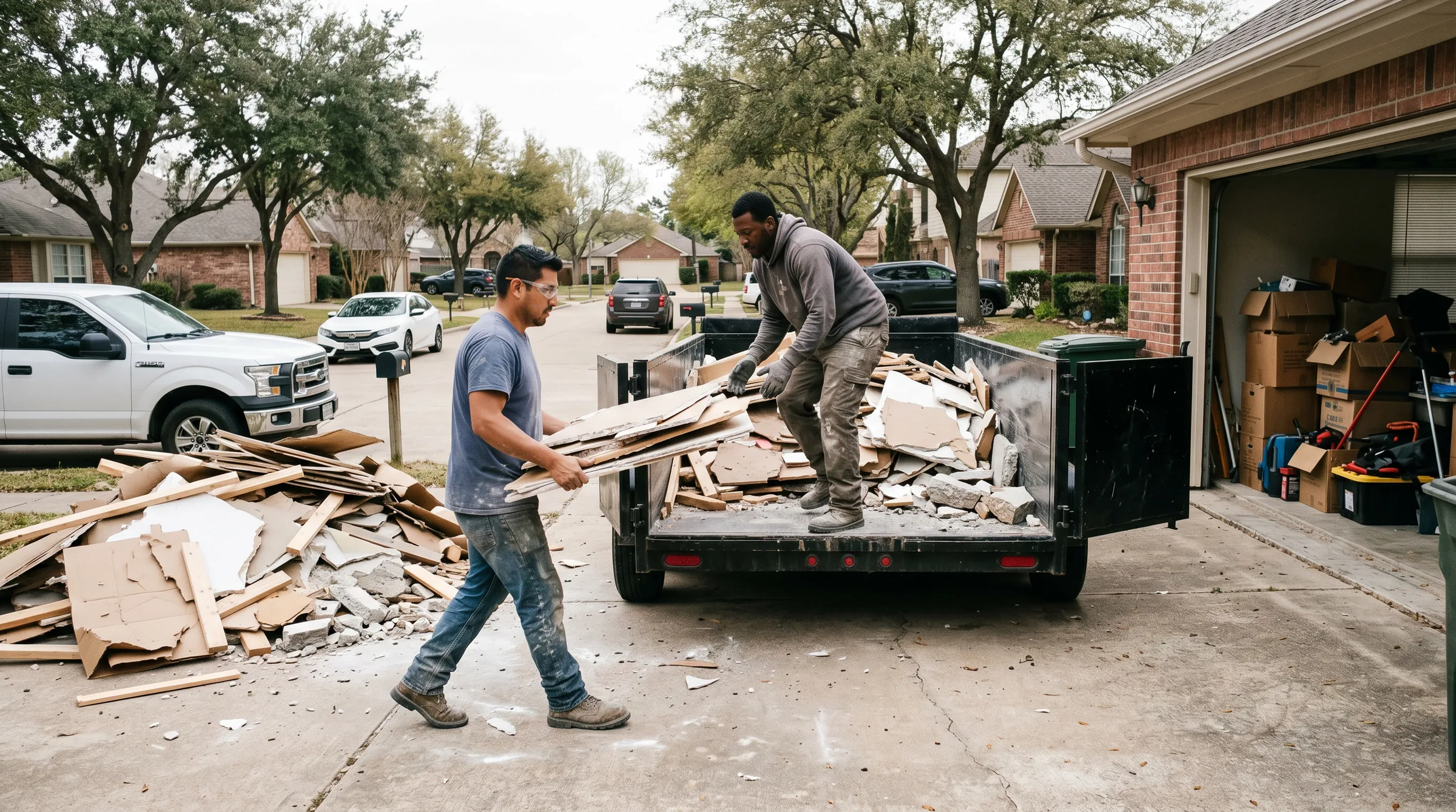 Two-person junk-removal crew loading construction debris into a dump trailer